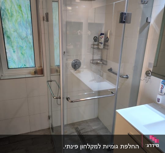 מקלחון זכוכית עם ראש מקלחת ומדף מוצרים